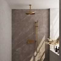 Brauer Brauer Gold Editon Regendoucheset:  Thermostatische Inbouwkraan met Drukknoppen, Plafondarm, Douchekop 30cm, Glijstang met Wateruitlaat, Staafhanddouche & Doucheslang - Set 66 - Draaiknoppen - PVD - Geborsteld Goud