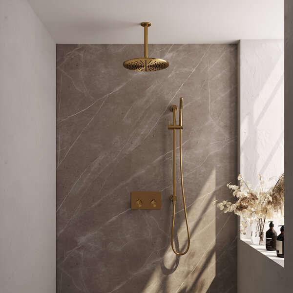 Brauer Brauer Gold Editon Regendoucheset:  Thermostatische Inbouwkraan met Drukknoppen, Plafondarm, Douchekop 30cm, Glijstang met Wateruitlaat, Staafhanddouche & Doucheslang - Set 66 - Draaiknoppen - PVD - Geborsteld Goud