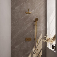 Brauer Brauer Gold Editon Regendoucheset:  Thermostatische Inbouwkraan met Drukknoppen, Rechte Wandarm, Douchekop 20cm, Glijstang met Wateruitlaat, 3-Standen Handdouche & Doucheslang - Set 67 - Draaiknoppen - PVD - Geborsteld Goud