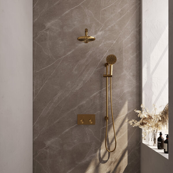 Brauer Brauer Gold Editon Regendoucheset:  Thermostatische Inbouwkraan met Drukknoppen, Rechte Wandarm, Douchekop 20cm, Glijstang met Wateruitlaat, 3-Standen Handdouche & Doucheslang - Set 67 - Draaiknoppen - PVD - Geborsteld Goud