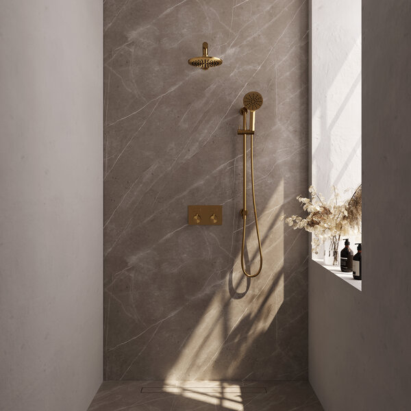Brauer Brauer Gold Editon Regendoucheset:  Thermostatische Inbouwkraan met Drukknoppen, Rechte Wandarm, Douchekop 20cm, Glijstang met Wateruitlaat, 3-Standen Handdouche & Doucheslang - Set 67 - Draaiknoppen - PVD - Geborsteld Goud