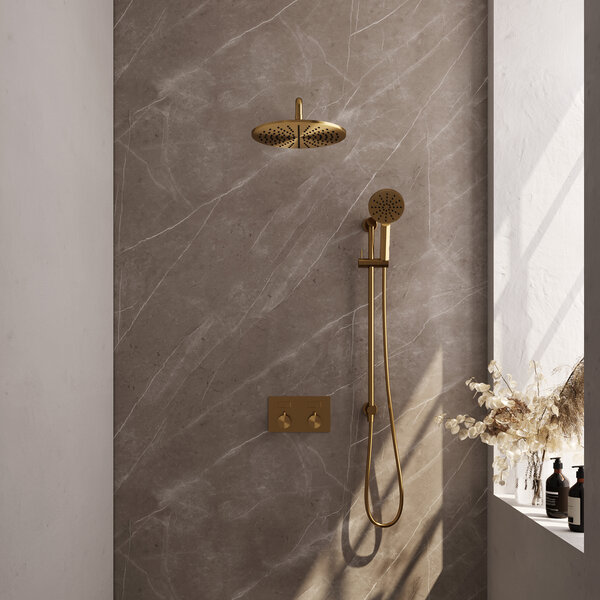 Brauer Brauer Gold Editon Regendoucheset:  Thermostatische Inbouwkraan met Drukknoppen, Gebogen Wandarm, Douchekop 30cm, Glijstang met Wateruitlaat, 3-Standen Handdouche & Doucheslang - Set 70 - Draaiknoppen - PVD - Geborsteld Goud