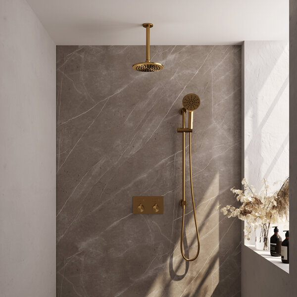 Brauer Brauer Gold Editon Regendoucheset:  Thermostatische Inbouwkraan met Drukknoppen, Plafondarm, Douchekop 20cm, Glijstang met Wateruitlaat, 3-Standen Handdouche & Doucheslang - Set 71 - Draaiknoppen - PVD - Geborsteld Goud