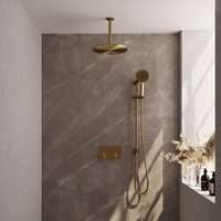 Brauer Brauer Gold Editon Regendoucheset:  Thermostatische Inbouwkraan met Drukknoppen, Plafondarm, Douchekop 30cm, Glijstang met Wateruitlaat, 3-Standen Handdouche & Doucheslang - Set 72 - Draaiknoppen - PVD - Geborsteld Goud