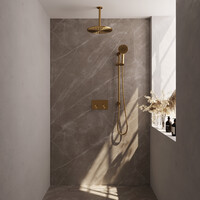 Brauer Brauer Gold Editon Regendoucheset:  Thermostatische Inbouwkraan met Drukknoppen, Plafondarm, Douchekop 30cm, Glijstang met Wateruitlaat, 3-Standen Handdouche & Doucheslang - Set 72 - Draaiknoppen - PVD - Geborsteld Goud