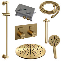 Brauer Brauer Gold Editon Regendoucheset:  Thermostatische Inbouwkraan met Drukknoppen, Plafondarm, Douchekop 30cm, Glijstang met Wateruitlaat, 3-Standen Handdouche & Doucheslang - Set 72 - Draaiknoppen - PVD - Geborsteld Goud
