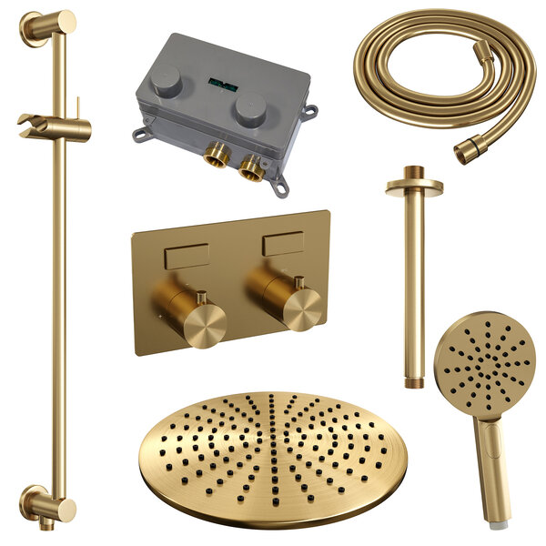 Brauer Brauer Gold Editon Regendoucheset:  Thermostatische Inbouwkraan met Drukknoppen, Plafondarm, Douchekop 30cm, Glijstang met Wateruitlaat, 3-Standen Handdouche & Doucheslang - Set 72 - Draaiknoppen - PVD - Geborsteld Goud