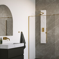 Brauer Brauer Gold Calacatta Douchepaneel met Regendoucheset: Thermostatische Inbouwkraan, 2-Weg Omstel, Gebogen Wandarm, Douchekop 20cm, Wandhouder met Wateruitlaat, Staafhanddouche & Doucheslang - PVD - Geborsteld Goud