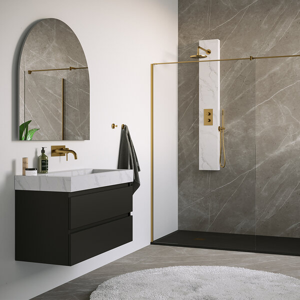 Brauer Brauer Gold Calacatta Douchepaneel met Regendoucheset: Thermostatische Inbouwkraan, 2-Weg Omstel, Gebogen Wandarm, Douchekop 20cm, Wandhouder met Wateruitlaat, Staafhanddouche & Doucheslang - PVD - Geborsteld Goud
