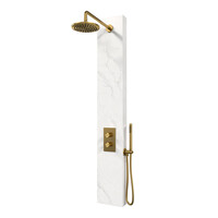 Brauer Brauer Gold Calacatta Douchepaneel met Regendoucheset: Thermostatische Inbouwkraan, 2-Weg Omstel, Gebogen Wandarm, Douchekop 20cm, Wandhouder met Wateruitlaat, Staafhanddouche & Doucheslang - PVD - Geborsteld Goud