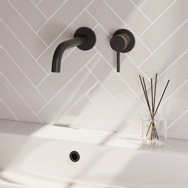 Brauer Brauer Black Carving Inbouw Wastafelmengkraan met Gebogen Uitloop & Rozetten - Model A1 - Geribbeld Hendel Rechts - Mat Zwart