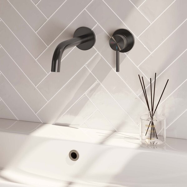 Brauer Brauer Gunmetal Carving Inbouw Wastafelmengkraan met Gebogen Uitloop & Rozetten - Model A1 - Geribbeld Hendel Rechts - PVD - PVD - Geborsteld Gunmetal