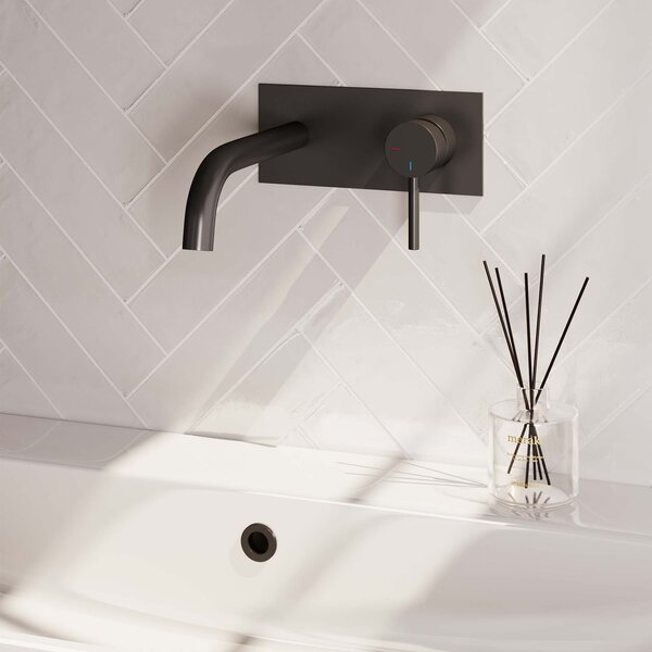 Brauer Brauer Black Carving Inbouw Wastafelmengkraan met Gebogen Uitloop & Afdekplaat - Model A1 - Geribbeld Hendel Rechts - Mat Zwart