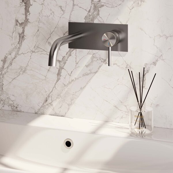 Brauer Brauer Brushed Carving Inbouw Wastafelmengkraan met Gebogen Uitloop & Afdekplaat - Model A1 - Geribbeld Hendel Rechts - PVD - PVD - Geborsteld RVS