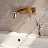 Brauer Brauer Gold Carving Inbouw Wastafelmengkraan met Gebogen Uitloop & Afdekplaat - Model A1 - Geribbeld Hendel Rechts - PVD - PVD - Geborsteld Goud