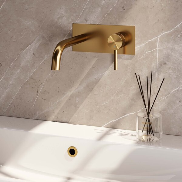 Brauer Brauer Gold Carving Inbouw Wastafelmengkraan met Gebogen Uitloop & Afdekplaat - Model A1 - Geribbeld Hendel Rechts - PVD - PVD - Geborsteld Goud