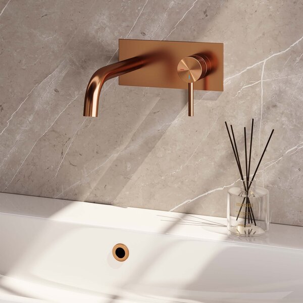 Brauer Brauer Copper Carving Inbouw Wastafelmengkraan met Gebogen Uitloop & Afdekplaat - Model A1 - Geribbeld Hendel Rechts - PVD - PVD - Geborsteld Koper