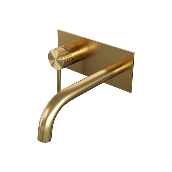 Brauer Brauer Gold Carving Inbouw Wastafelmengkraan met Gebogen Uitloop & Afdekplaat - Model A1 - Geribbeld Hendel Links - PVD - PVD - Geborsteld Goud