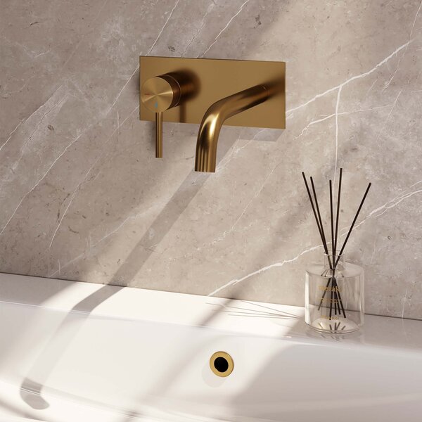 Brauer Brauer Gold Carving Inbouw Wastafelmengkraan met Gebogen Uitloop & Afdekplaat - Model A1 - Geribbeld Hendel Links - PVD - PVD - Geborsteld Goud