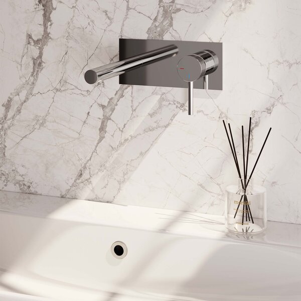 Brauer Brauer Chrome Carving Inbouw Wastafelmengkraan met Rechte Uitloop & Afdekplaat - Model A1 - Geribbeld Hendel Rechts - Chroom