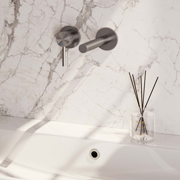Brauer Brauer Brushed Carving Inbouw Wastafelmengkraan met Rechte Uitloop & Rozetten - Model A1 - Geribbeld Hendel Links - PVD - PVD - Geborsteld RVS