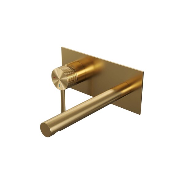 Brauer Brauer Gold Carving Inbouw Wastafelmengkraan met Rechte Uitloop & Afdekplaat - Model A1 - Geribbeld Hendel Links - PVD - PVD - Geborsteld Goud