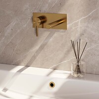 Brauer Brauer Gold Carving Inbouw Wastafelmengkraan met Rechte Uitloop & Afdekplaat - Model A1 - Geribbeld Hendel Links - PVD - PVD - Geborsteld Goud