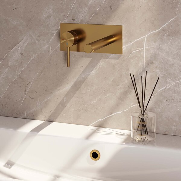 Brauer Brauer Gold Carving Inbouw Wastafelmengkraan met Rechte Uitloop & Afdekplaat - Model A1 - Geribbeld Hendel Links - PVD - PVD - Geborsteld Goud