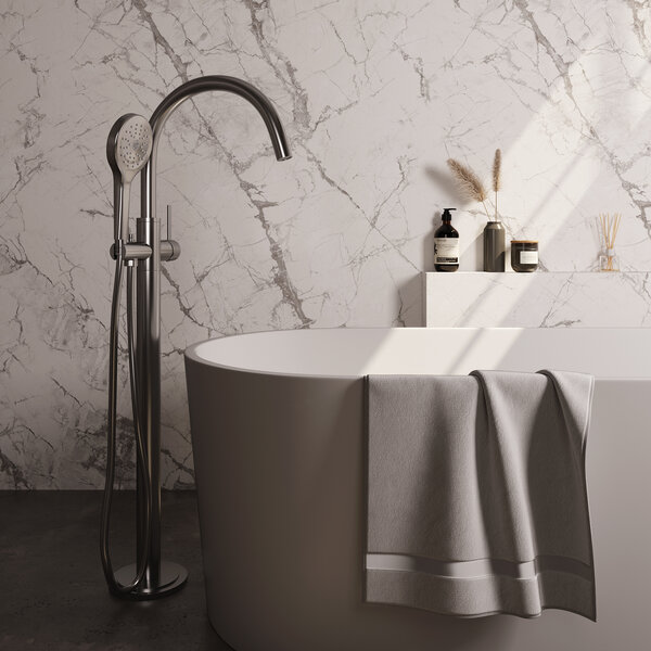 Brauer Brauer Brushed Carving Vrijstaande Badkraan met 3-Standen Handdouche & Doucheslang - Set 2 - Geribbeld Hendel - PVD - PVD - Geborsteld RVS