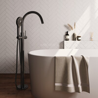 Brauer Brauer Gunmetal Carving Vrijstaande Badkraan met 3-Standen Handdouche & Doucheslang - Set 2 - Geribbeld Hendel - PVD - PVD - Geborsteld Gunmetal