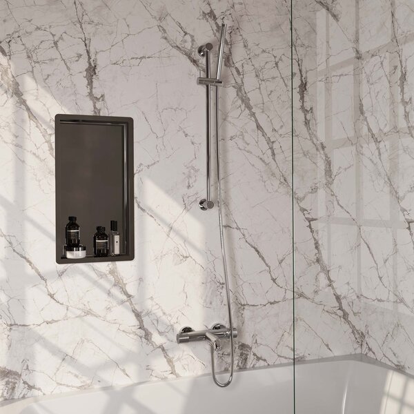 Brauer Brauer Chrome Carving Thermostatische Opbouw Badkraan met Omstel, Glijstang, Staafhanddouche & Doucheslang - Set 1 - Geribbeld Draaiknoppen - Chroom