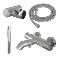 Brauer Brauer Chrome Carving Thermostatische Opbouw Badkraan met Omstel, Wandhouder, Staafhanddouche & Doucheslang - Set 3 - Geribbeld Draaiknoppen - Chroom