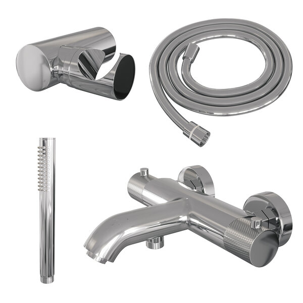 Brauer Brauer Chrome Carving Thermostatische Opbouw Badkraan met Omstel, Wandhouder, Staafhanddouche & Doucheslang - Set 3 - Geribbeld Draaiknoppen - Chroom