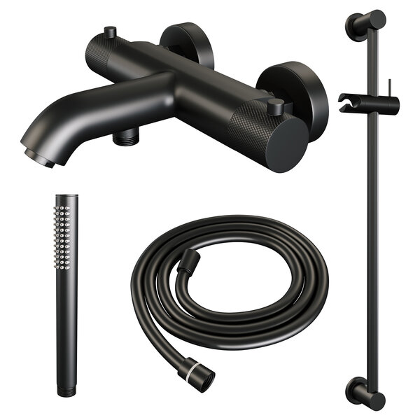 Brauer Brauer Black Carving Thermostatische Opbouw Badkraan met Omstel, Glijstang, Staafhanddouche & Doucheslang - Set 1 - Geribbeld Draaiknoppen - Mat Zwart