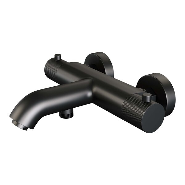 Brauer Brauer Black Carving Thermostatische Opbouw Badkraan met Omstel, Glijstang, Staafhanddouche & Doucheslang - Set 1 - Geribbeld Draaiknoppen - Mat Zwart