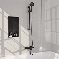 Brauer Brauer Black Carving Thermostatische Opbouw Badkraan met Omstel, Glijstang, 3-Standen Handdouche & Doucheslang - Set 2 - Geribbeld Draaiknoppen - Mat Zwart