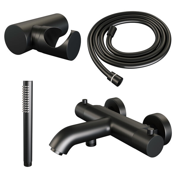 Brauer Brauer Black Carving Thermostatische Opbouw Badkraan met Omstel, Wandhouder, Staafhanddouche & Doucheslang - Set 3 - Geribbeld Draaiknoppen - Mat Zwart