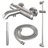 Brauer Brauer Brushed Carving Thermostatische Opbouw Badkraan met Omstel, Glijstang, Staafhanddouche & Doucheslang - Set 1 - Geribbeld Draaiknoppen - PVD - Geborsteld RVS