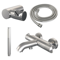 Brauer Brauer Brushed Carving Thermostatische Opbouw Badkraan met Omstel, Wandhouder, Staafhanddouche & Doucheslang - Set 3 - Geribbeld Draaiknoppen - PVD - Geborsteld RVS