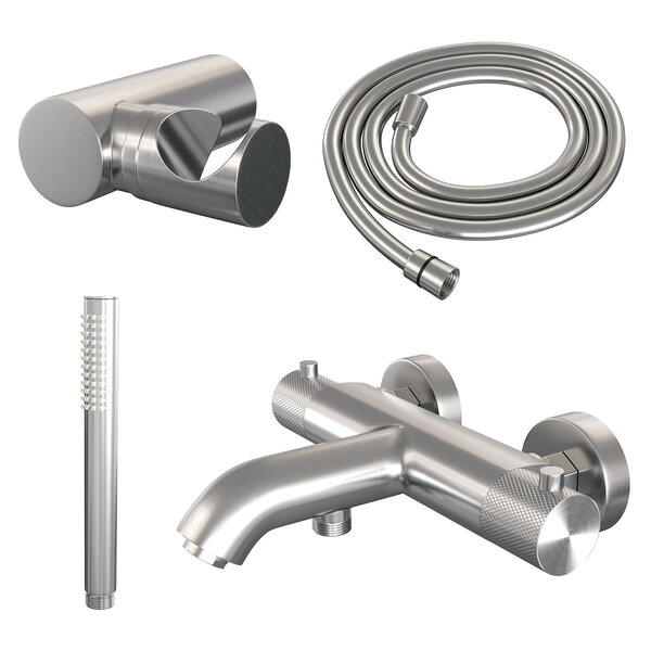 Brauer Brauer Brushed Carving Thermostatische Opbouw Badkraan met Omstel, Wandhouder, Staafhanddouche & Doucheslang - Set 3 - Geribbeld Draaiknoppen - PVD - Geborsteld RVS