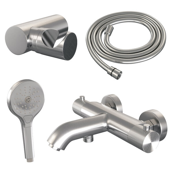 Brauer Brauer Brushed Carving Thermostatische Opbouw Badkraan met Omstel, Wandhouder, 3-Standen Handdouche & Doucheslang - Set 4 - Geribbeld Draaiknoppen - PVD - Geborsteld RVS