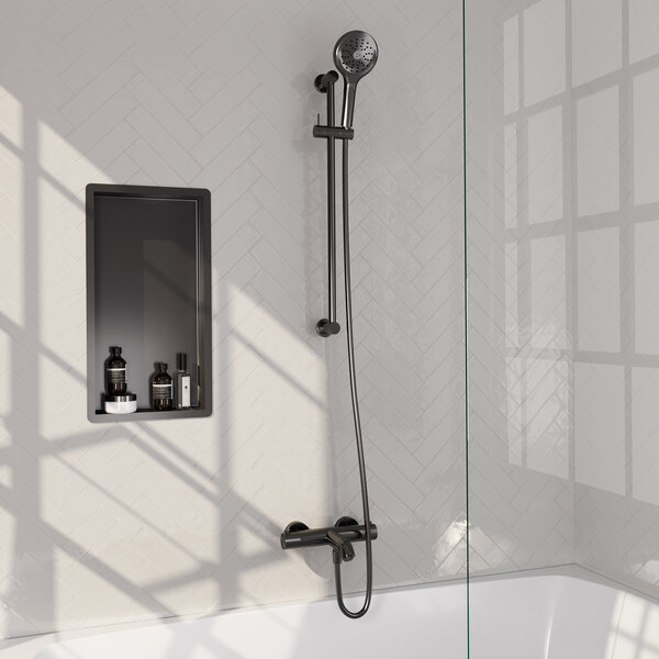 Brauer Brauer Gunmetal Carving Thermostatische Opbouw Badkraan met Omstel, Glijstang, 3-Standen Handdouche & Doucheslang - Set 2 - Geribbeld Draaiknoppen - PVD - Geborsteld Gunmetal