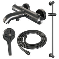 Brauer Brauer Gunmetal Carving Thermostatische Opbouw Badkraan met Omstel, Glijstang, 3-Standen Handdouche & Doucheslang - Set 2 - Geribbeld Draaiknoppen - PVD - Geborsteld Gunmetal