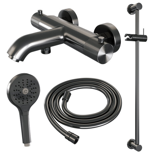 Brauer Brauer Gunmetal Carving Thermostatische Opbouw Badkraan met Omstel, Glijstang, 3-Standen Handdouche & Doucheslang - Set 2 - Geribbeld Draaiknoppen - PVD - Geborsteld Gunmetal