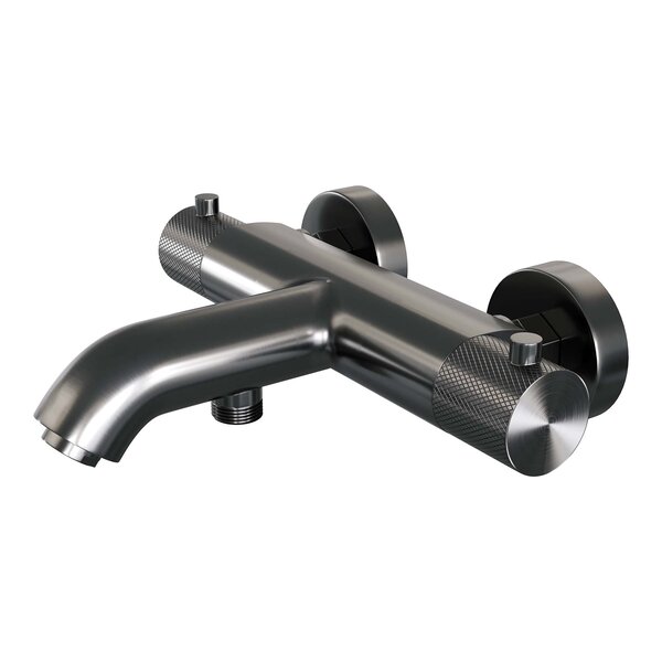 Brauer Brauer Gunmetal Carving Thermostatische Opbouw Badkraan met Omstel, Glijstang, 3-Standen Handdouche & Doucheslang - Set 2 - Geribbeld Draaiknoppen - PVD - Geborsteld Gunmetal