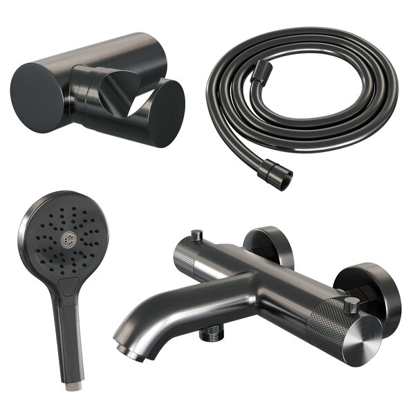 Brauer Brauer Gunmetal Carving Thermostatische Opbouw Badkraan met Omstel, Wandhouder, 3-Standen Handdouche & Doucheslang - Set 4 - Geribbeld Draaiknoppen - PVD - Geborsteld Gunmetal