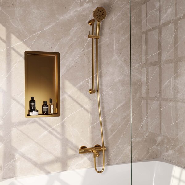 Brauer Brauer Gold Carving Thermostatische Opbouw Badkraan met Omstel, Glijstang, 3-Standen Handdouche & Doucheslang - Set 2 - Geribbeld Draaiknoppen - PVD - Geborsteld Goud