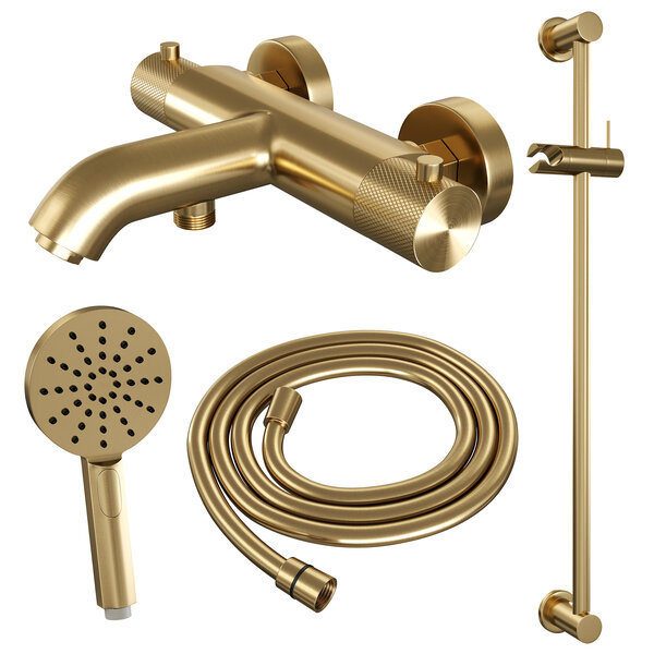 Brauer Brauer Gold Carving Thermostatische Opbouw Badkraan met Omstel, Glijstang, 3-Standen Handdouche & Doucheslang - Set 2 - Geribbeld Draaiknoppen - PVD - Geborsteld Goud