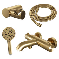 Brauer Brauer Gold Carving Thermostatische Opbouw Badkraan met Omstel, Wandhouder, 3-Standen Handdouche & Doucheslang - Set 4 - Geribbeld Draaiknoppen - PVD - Geborsteld Goud