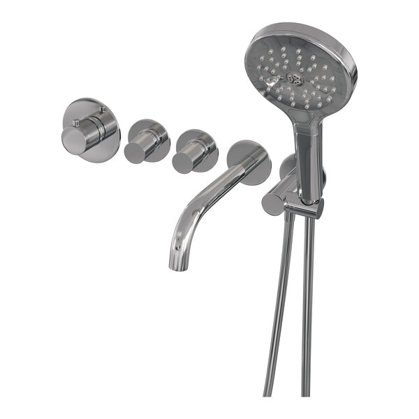 Brauer Brauer Chrome Carving Thermostatische Inbouw Badkraan met Omstel, Uitloop, Stopkranen, Wandhouder met Wateruitlaat, 3-Standen Handdouche & Doucheslang - Set 2 - Geribbeld Draaiknoppen - Chroom